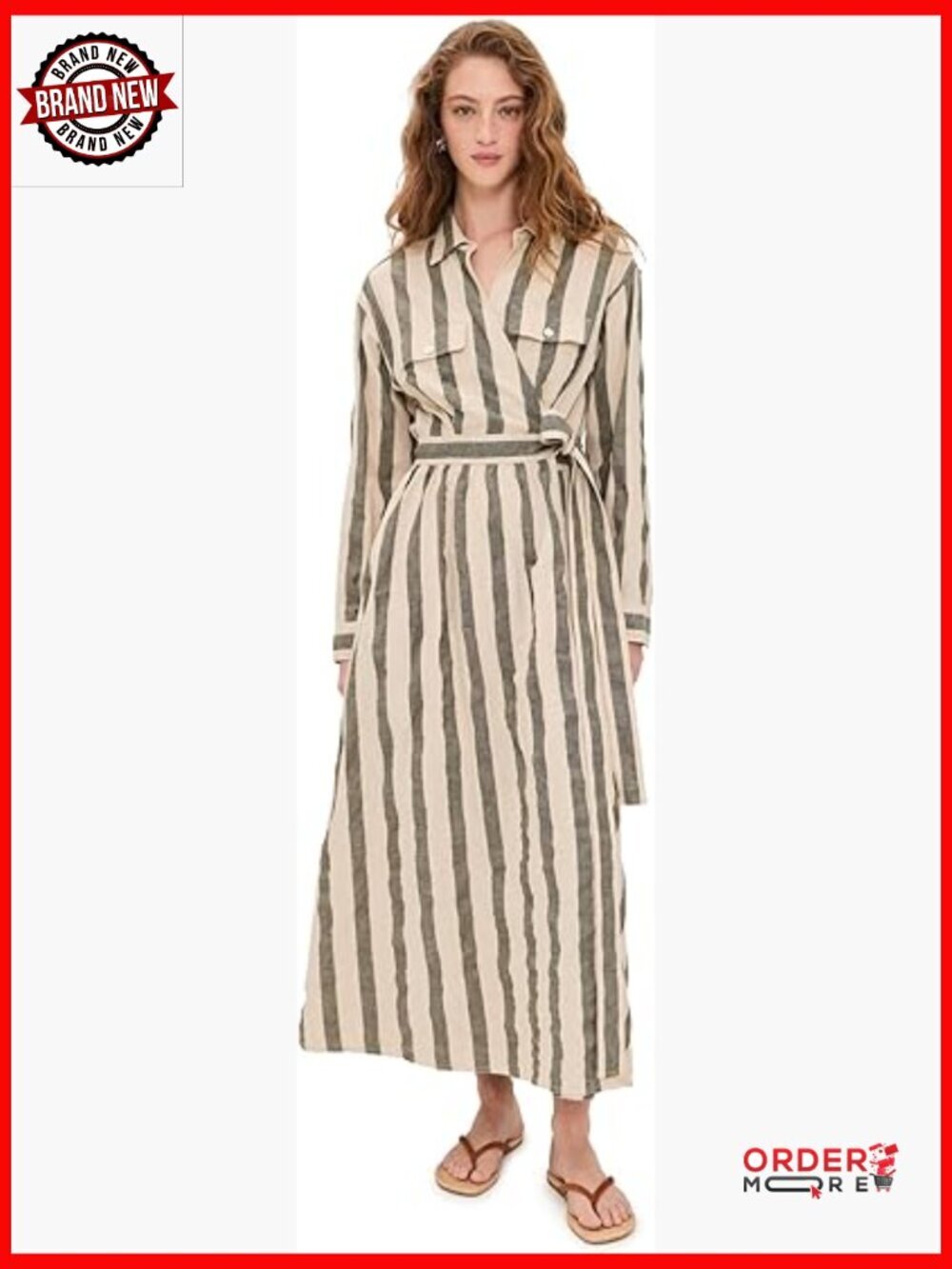 Linen Maxi Wrap Dress with Pockets and Cuff Sleeves